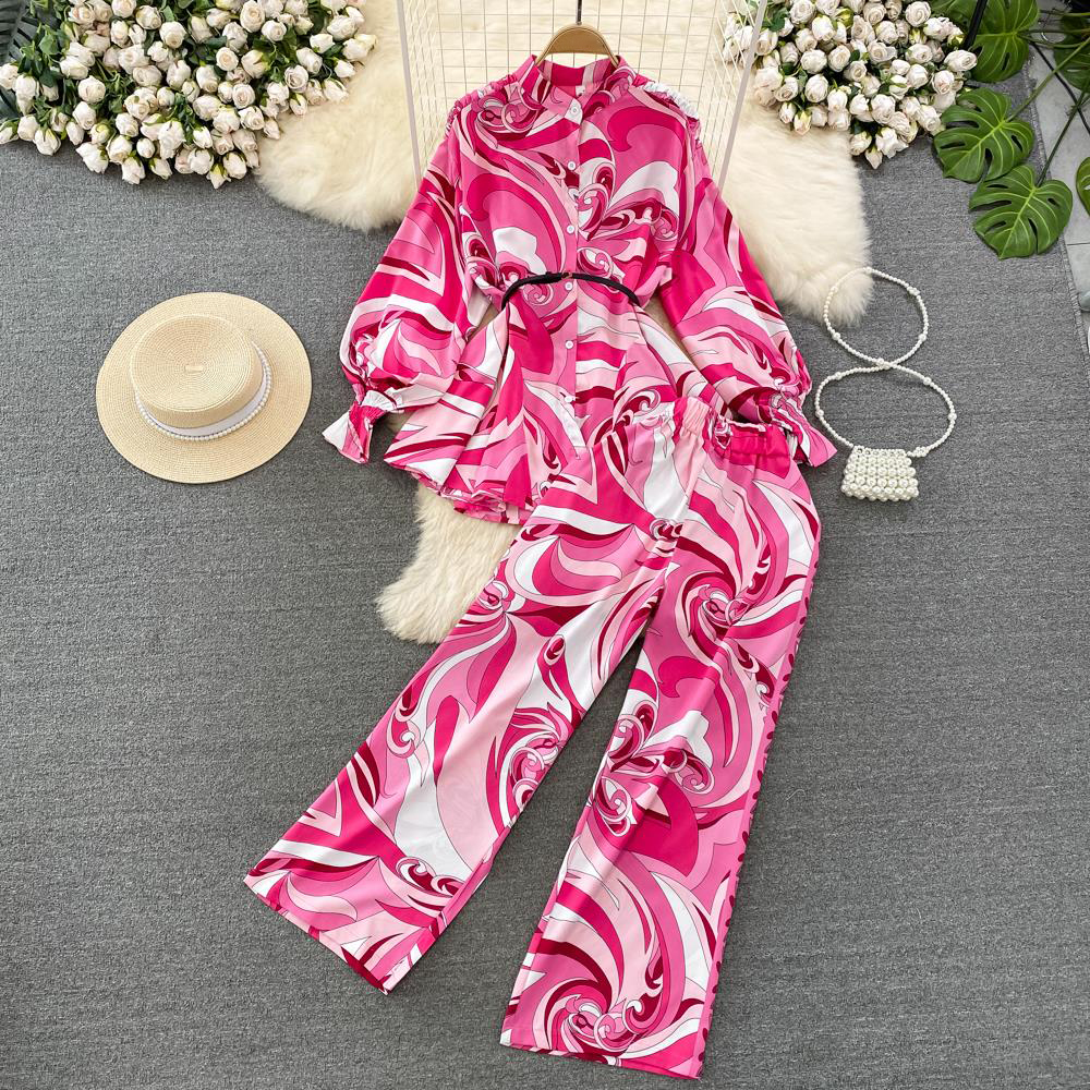 Women Vintage Floral Casual Trousers Suit Elegant Shirts Top Straight Pantsuit Female Fashion Holiday Loose Tracksuit Two Pieces