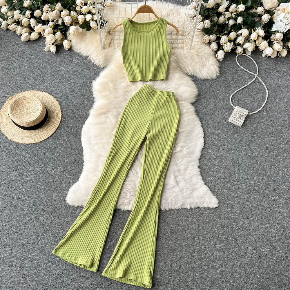 Casual Fashion Women Knitted Pants Set Sexy Sleeveless Slim Short Tops & High Waist Long Flared Pants Two Piece Suits