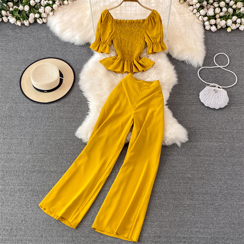 Women Fashion Elegant 2 Pieces Vintage Cropped Tops Wide-leg Trousers Suit Female Solid Beach Holiday Party Pantsuit
