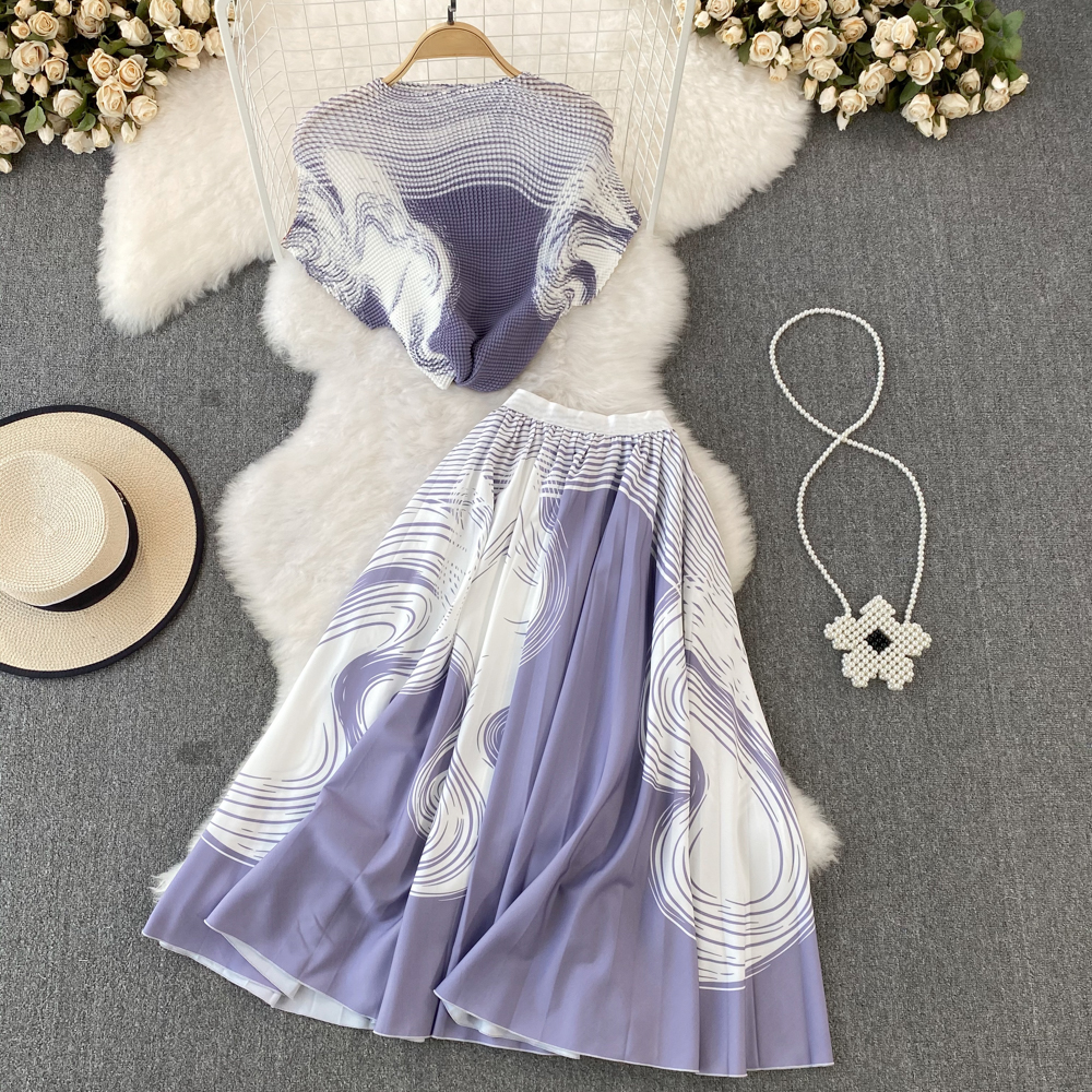 Fashion Women Elegant Floral Skirts Suit Vintage Shirts Tops A-line Pleated 2 Pieces Female Occasion Outfits