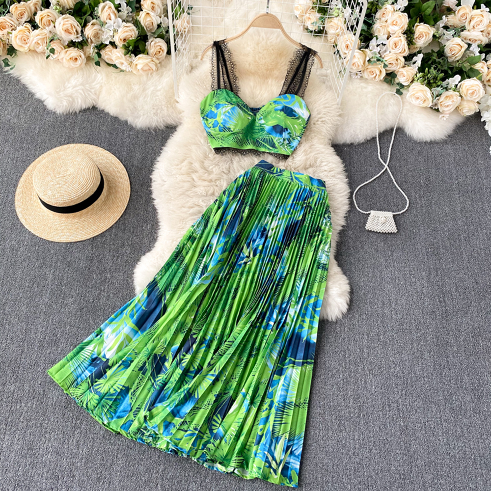 Women Fashion Skirt Set Floral Printed Crop Tank Tops&high Waist Pleated Midi Suit Female Beach 2 Pieces Outfit