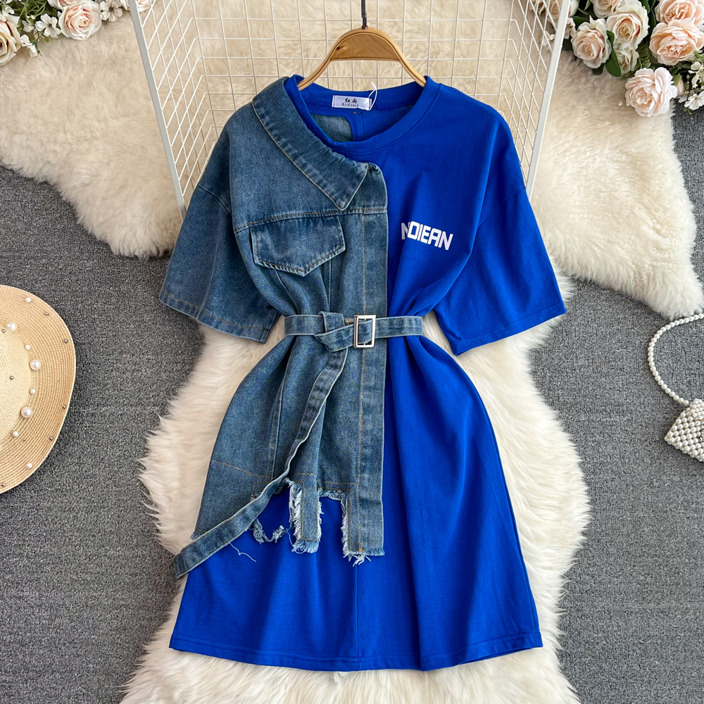 Elegant Women Patchwork Denim Shirts Vintage Casual Slim Blouses Tops With Belted Female Fashion Pullover Clothes