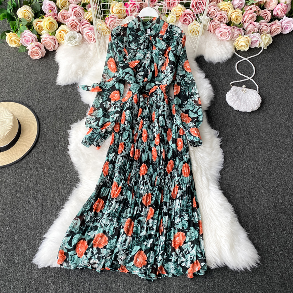 Women Floral Print Casual Midi Dress Female Fashion Vintage A-line Long Sleeved Holiday Party Clothes