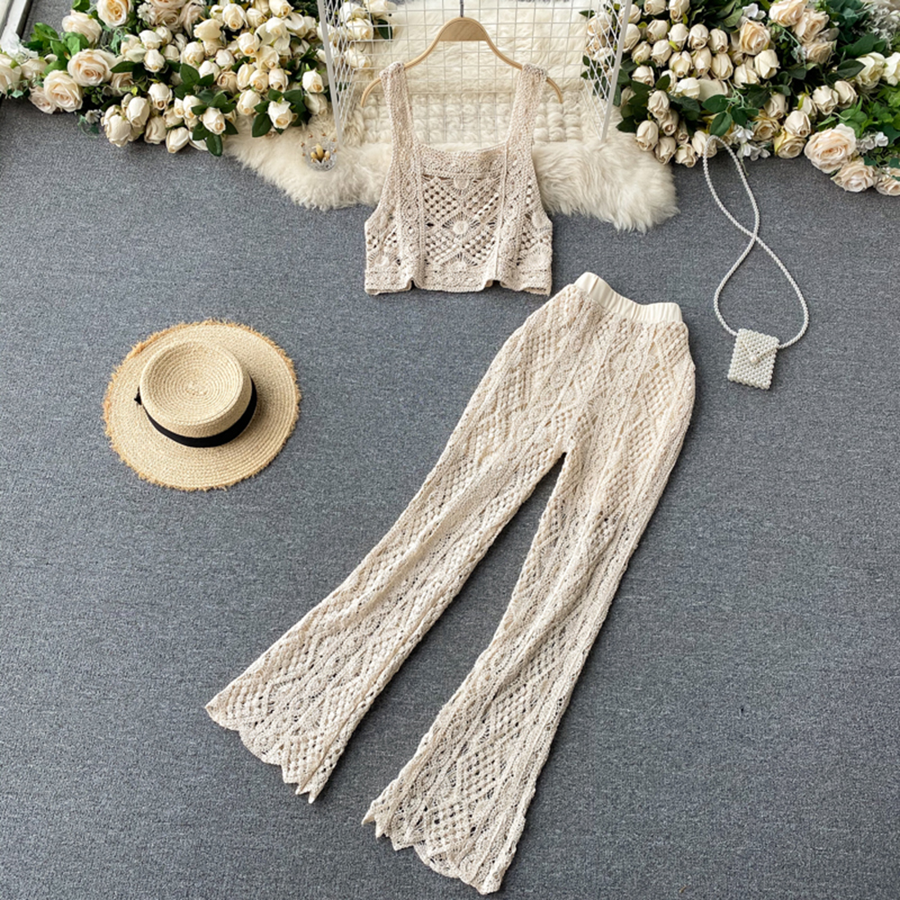 Women Sexy Sleeveless Hollow Out Knitted Short Strap Tops Long Flare Pants Two Piece Suits Beach Clothing