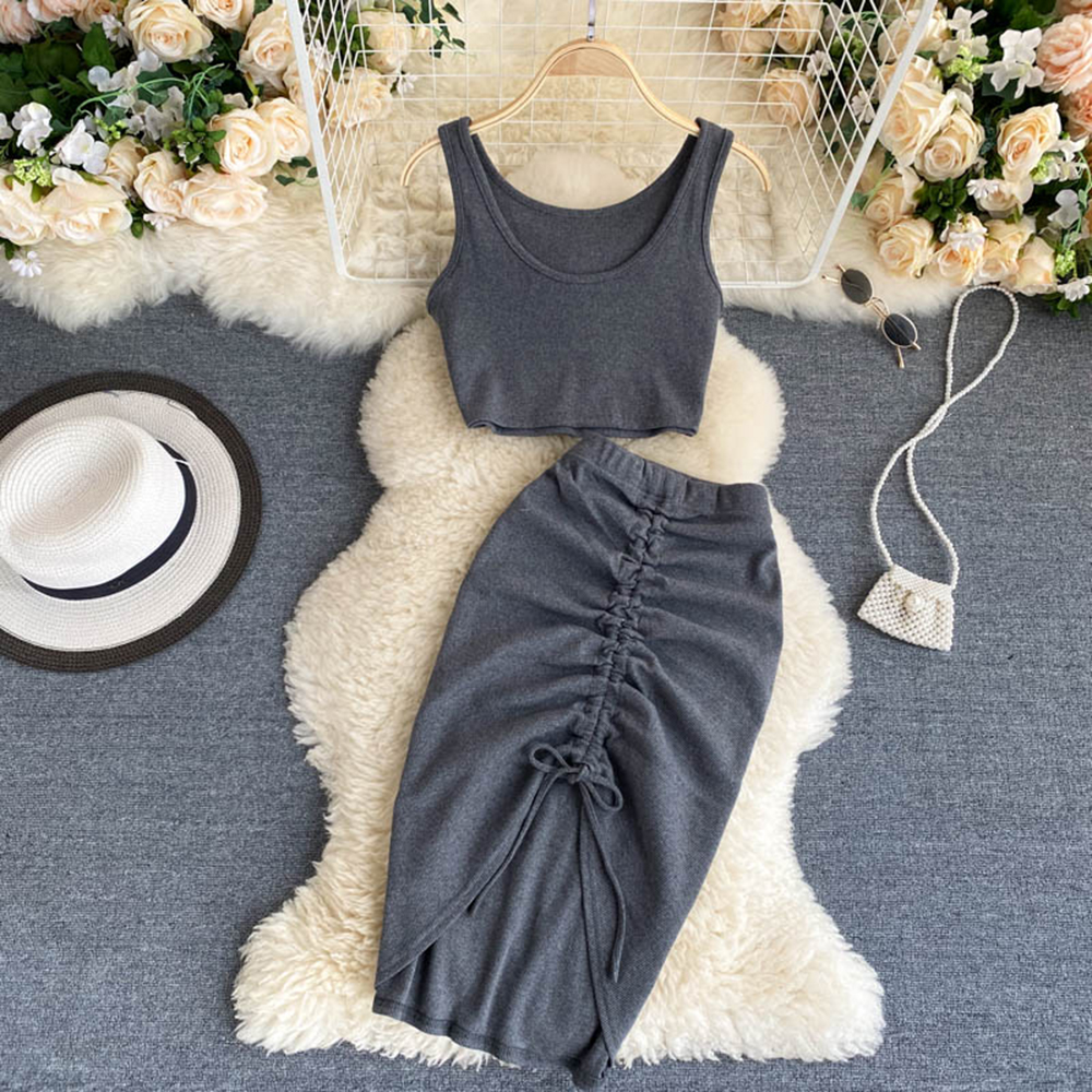 Women Kintted Sexy Skirt Set Cropped Top & Elastic Slim Skirt Two Piece Set Female Holiday Skirt Suit