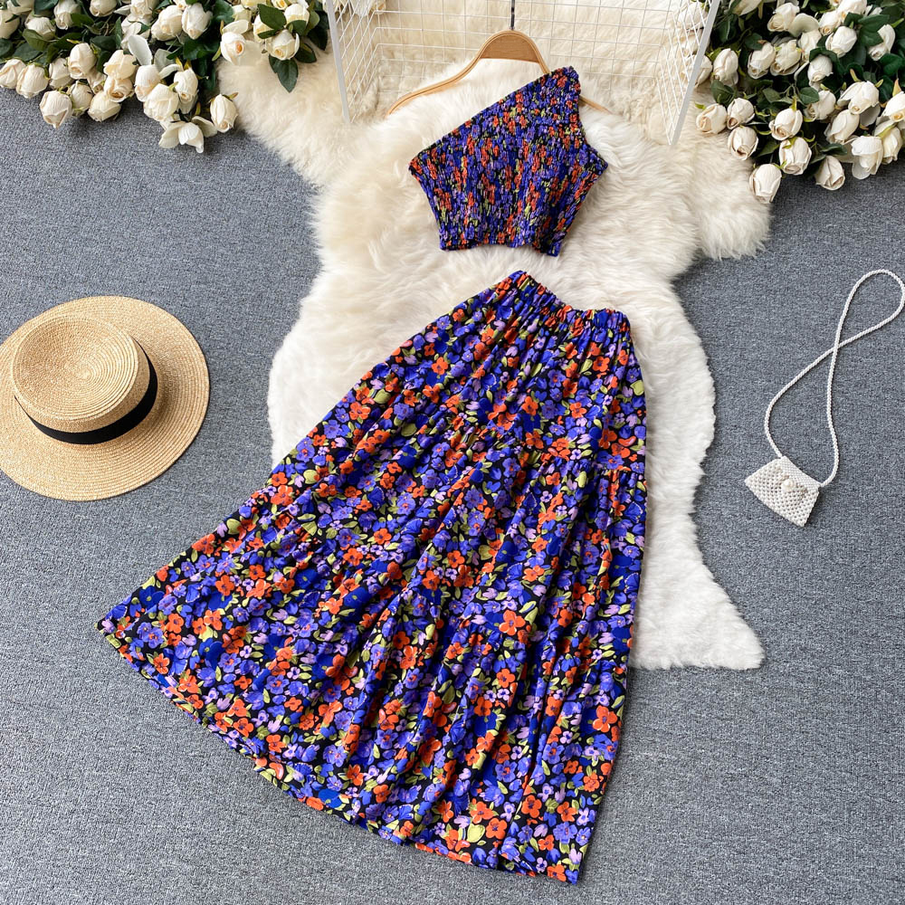 Women Casual Floral Skirt Sets Sexy Tank Tops & Long Print Long Skirt Female Holiday Two Piece Set