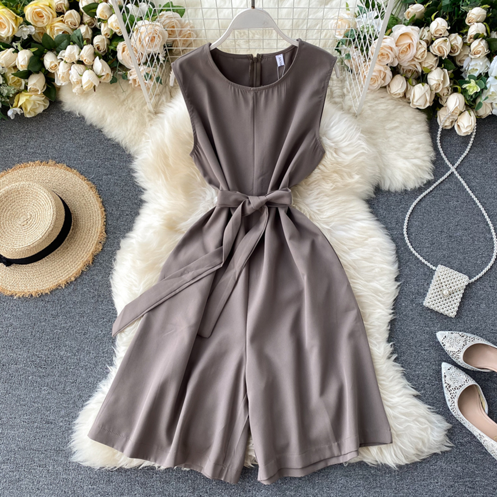 Women Sleeveless Tank Jumpsuit Sashes Solid Office Lady Playsuit French Elegant Streetwear Rompers