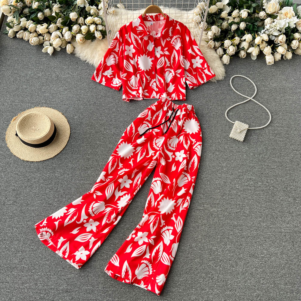 Floral Print Women Pants Sets Single Breasted Top & Drawstring Wide Leg Pants Two Piece Sets