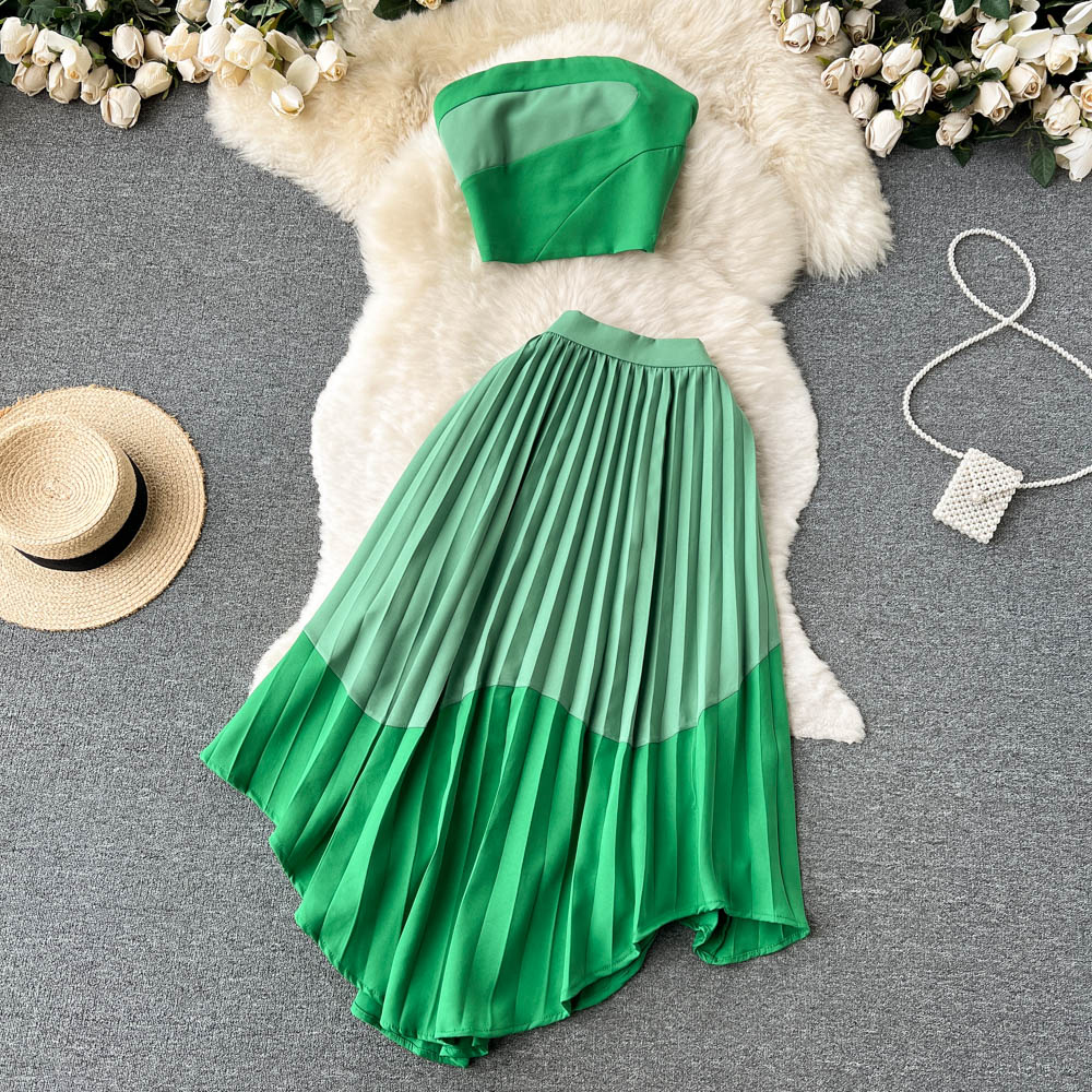 Women Strapless Sexy Skirt Sets Contrasting Slim Short Top & Pleated Midi Skirt Suits Fashion Female Two Pieces Suits