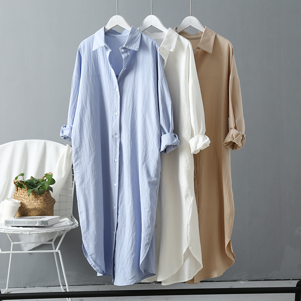 Women Long Shirts Casual Loose Cotton Linen Solid Cardigan Blouses Female Fashion Elegant Outerwear Tee Clothes