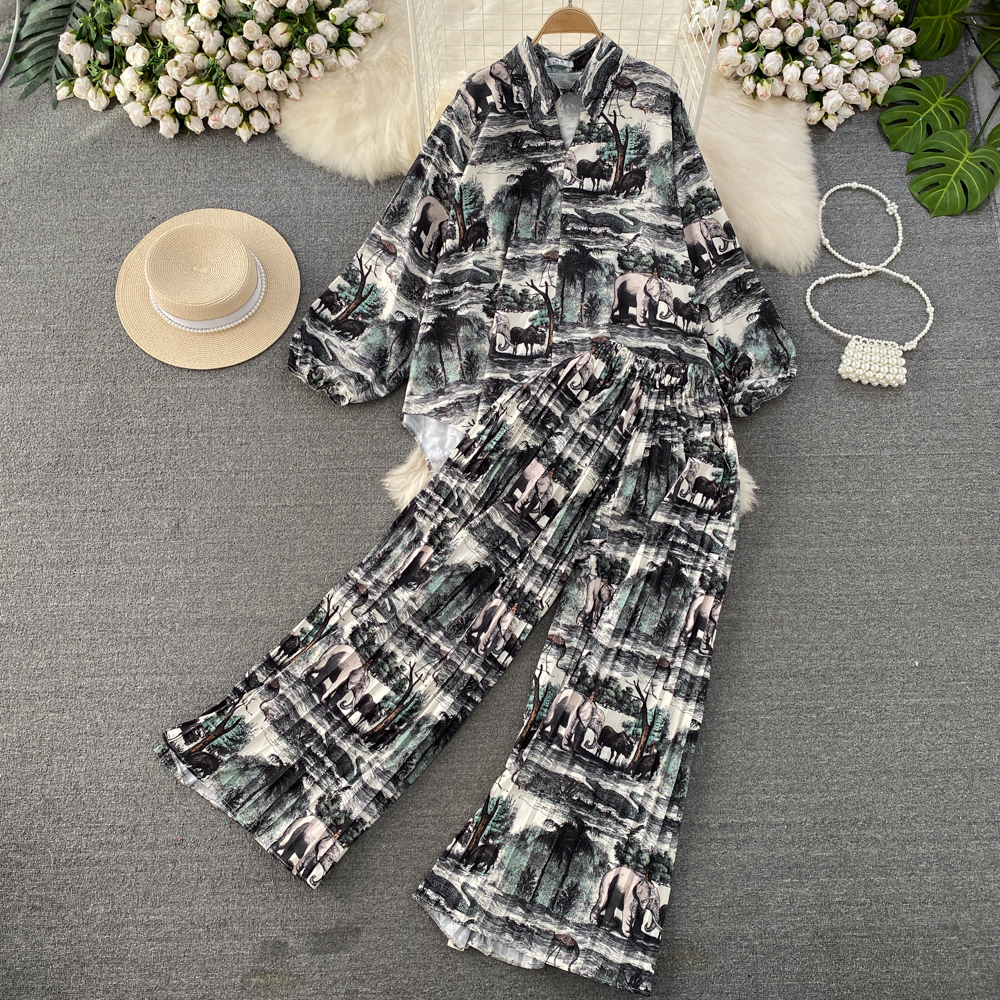 Women Fashion Casual Floral Pantsuit Vintage Loose Shirts Tops Wide-leg Trousers 2 Pieces Female Beach Holiday Outfits