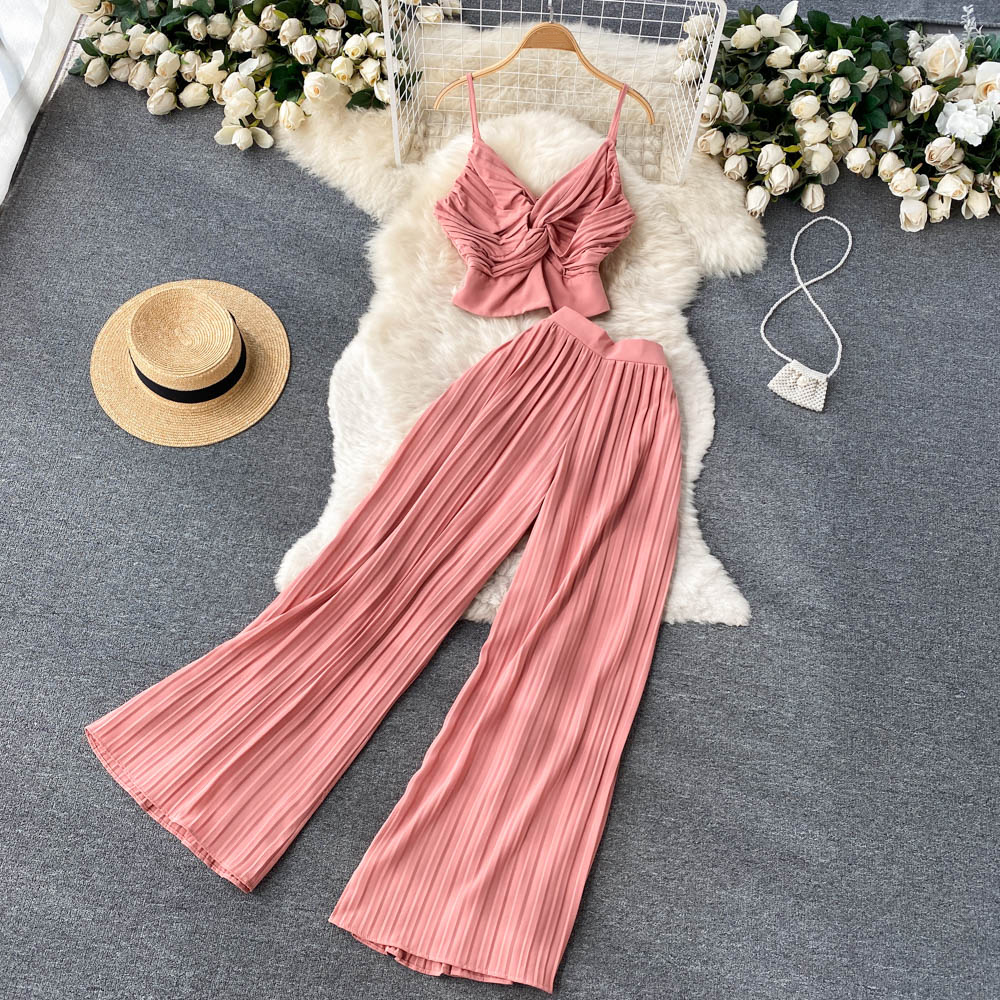 Women Holiday Pants Suit Female Spaghetti Strap Tops & High Waist Long Pants Two Piece Set