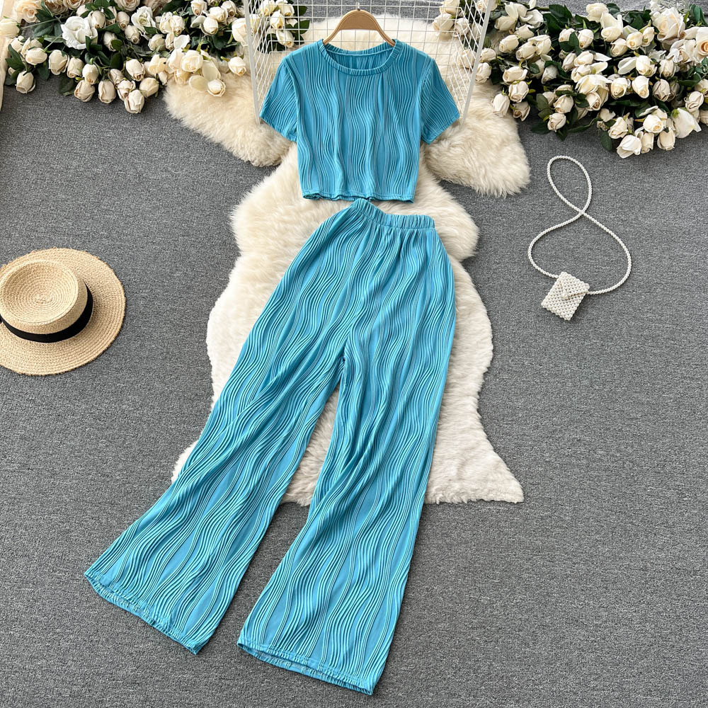 Women Elegant Casual Pants Suit T-shirt Elastic Waist Pants