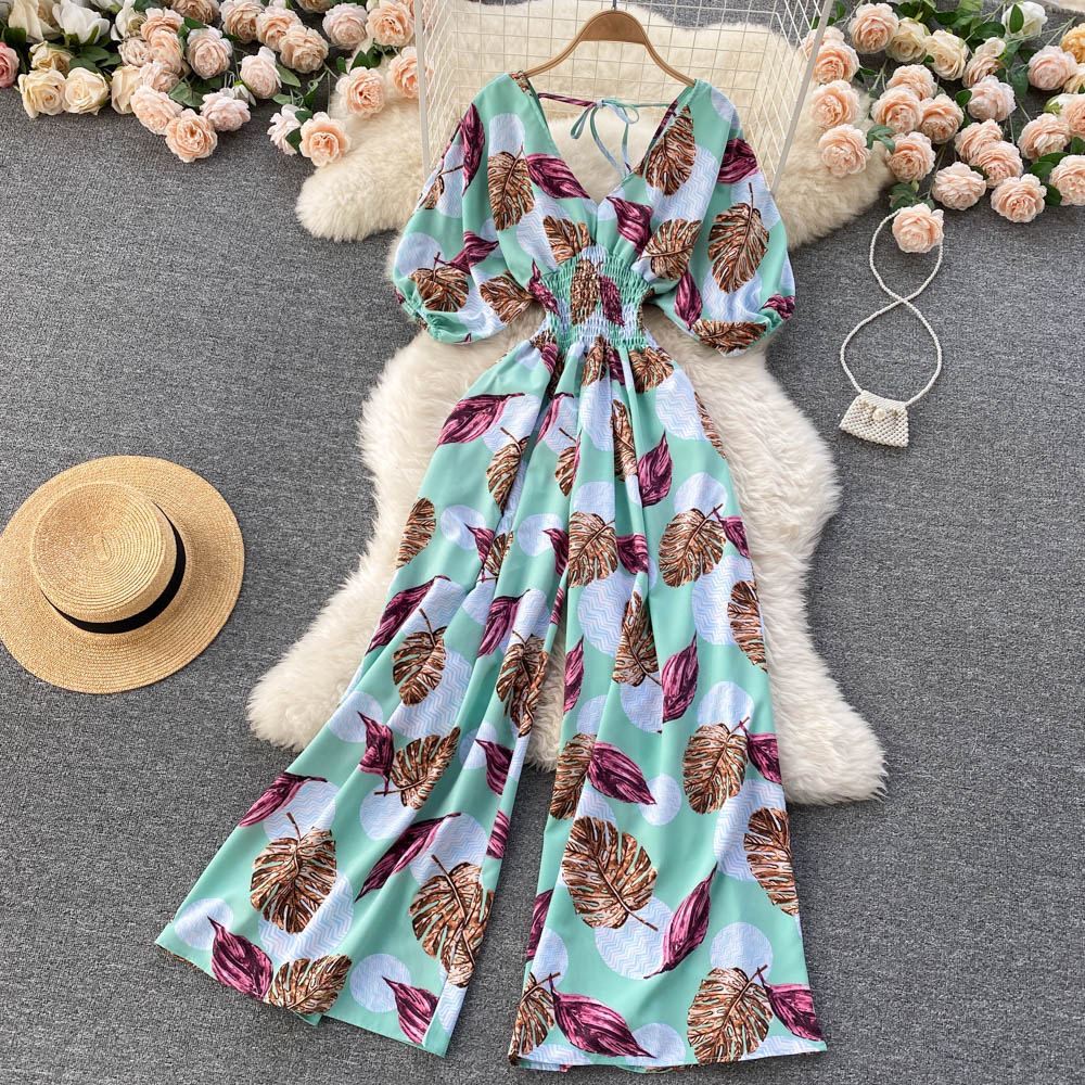 Women Casual Print Jumpsuits Female Puff Sleeve V-neck Elastic Ruched Loose Beach Rompers