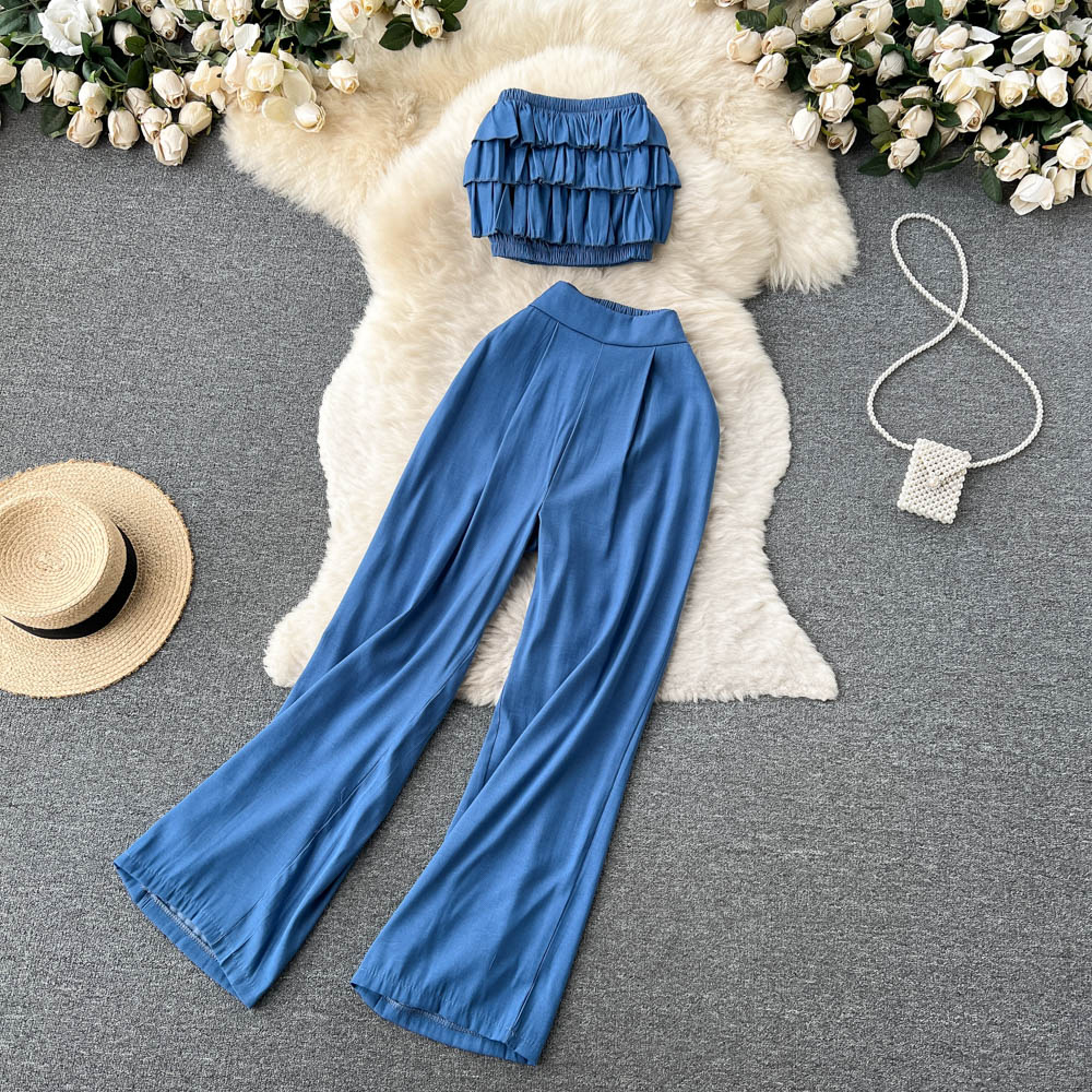 Women Holiday Fashion Pants Set Sexy Strap Top & High Waist Pants Ladies Vacation Two Pieces Set