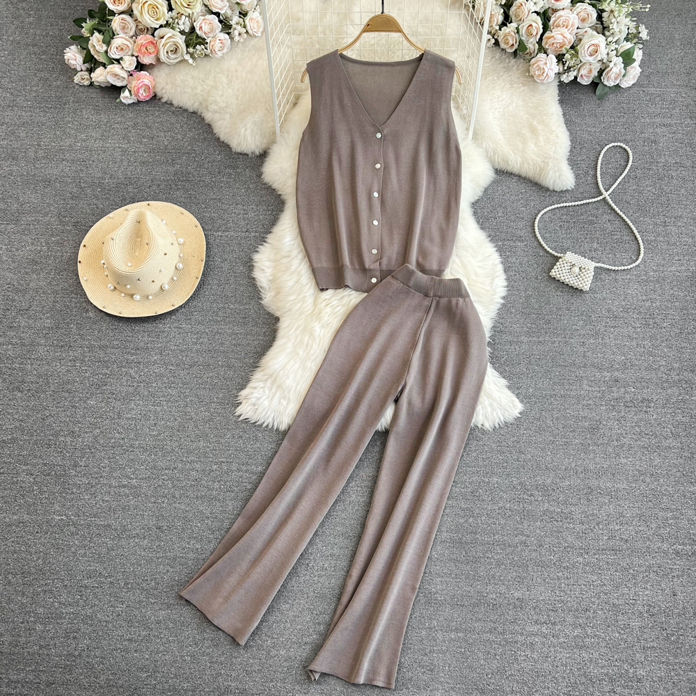 Women Fashion Casual Knitted Solid Tracksuit Sleeveless Tanks Tops Straight Pantalons 2 Pieces Female Chic Outfits