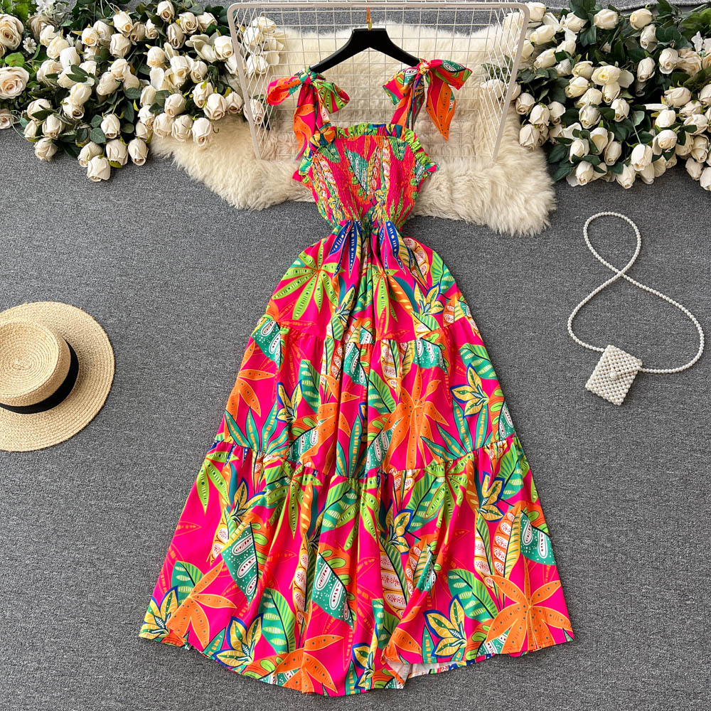 Women Floral Elegant Casual Party Dress Spaghetti Strap A-line Beach Holiday Vestidos Female Chic Robe Clothes
