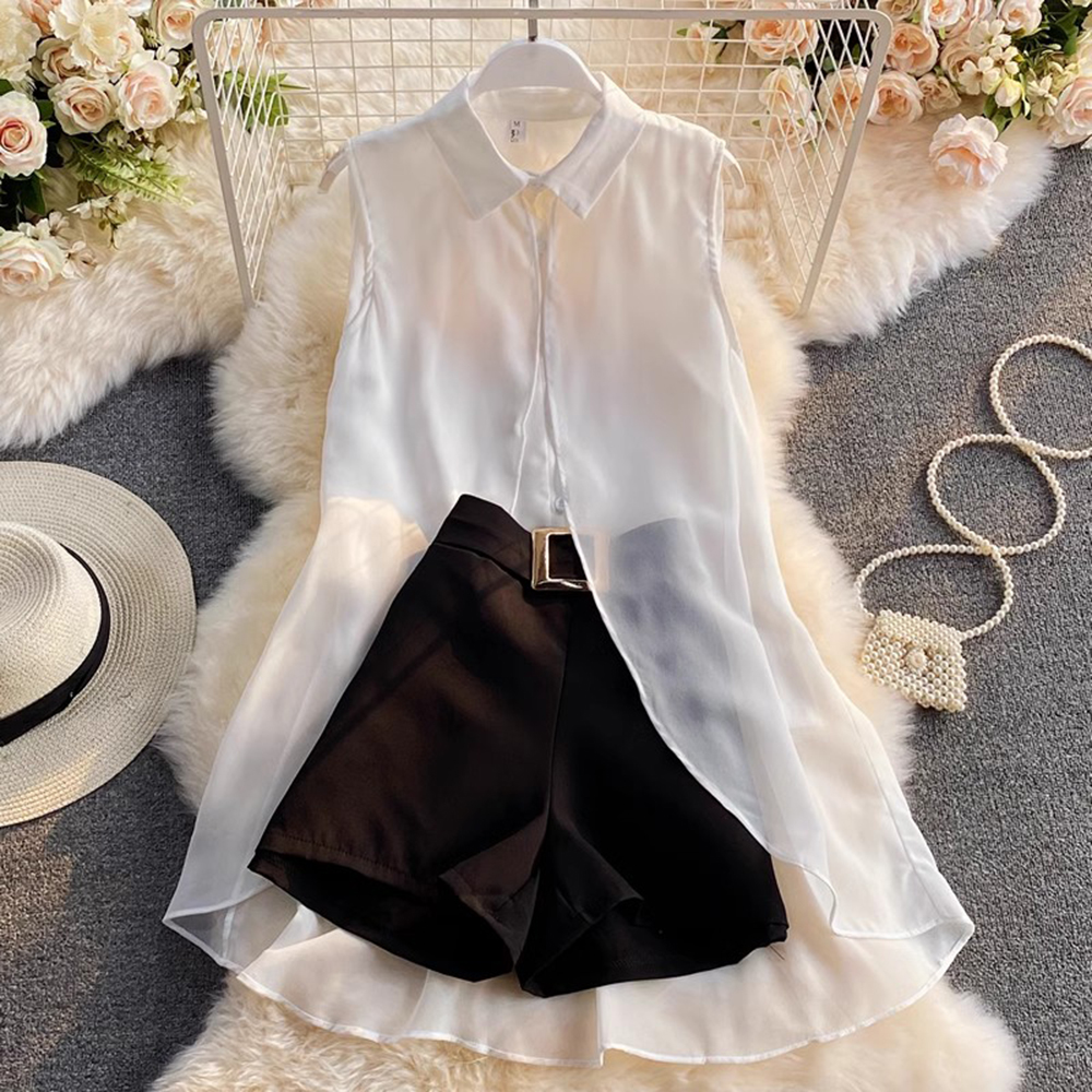 Fashion Women Elegant Casual Shorts Suit Sleeveless Business Shirts Tops And Pants 2 Pieces Female Chic Party Outfits