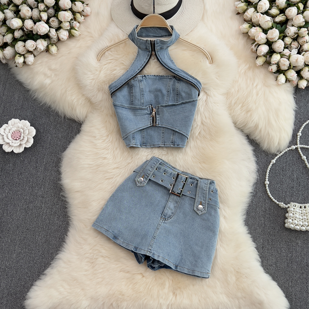 Women Backless Sexy Denim Shorts Skirts Suit Fashion Elegant And Chic Jeans 2 Pieces Set Female Outfits