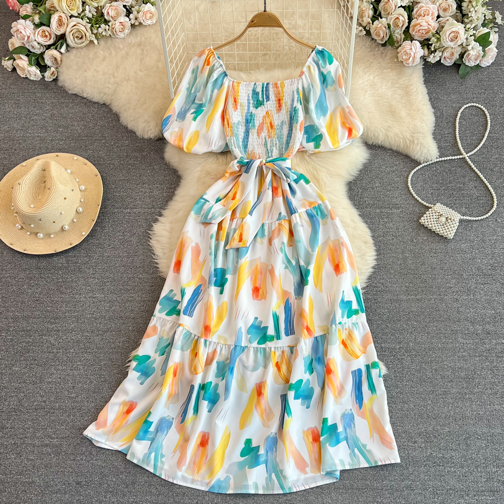 Vintage Sweet Floral Midi Dress Women Elegant Casual A-line One Pieces Party Birthday Vestidos Female Chic Robe