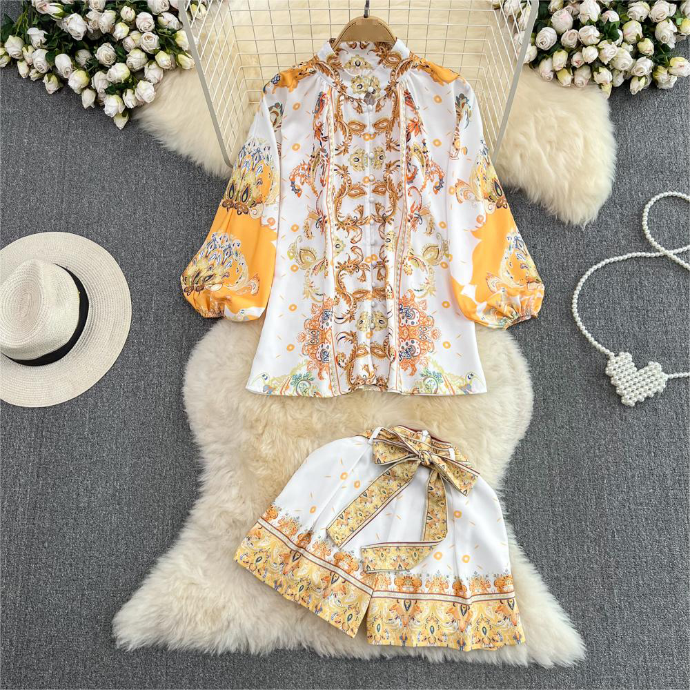 Women Elegant Casual Shorts Suit Floral Loose Shirts Blouses High Waist Pants 2 Pieces Female Beach Holiday Outfits