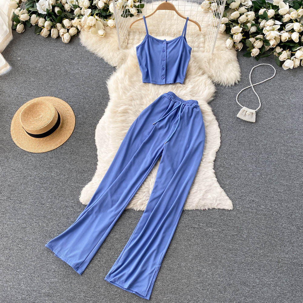 Women Fashion Casual Pants Set Sexy Sleeveless Short Tops & High Waist Pants Female Two Piece Suit