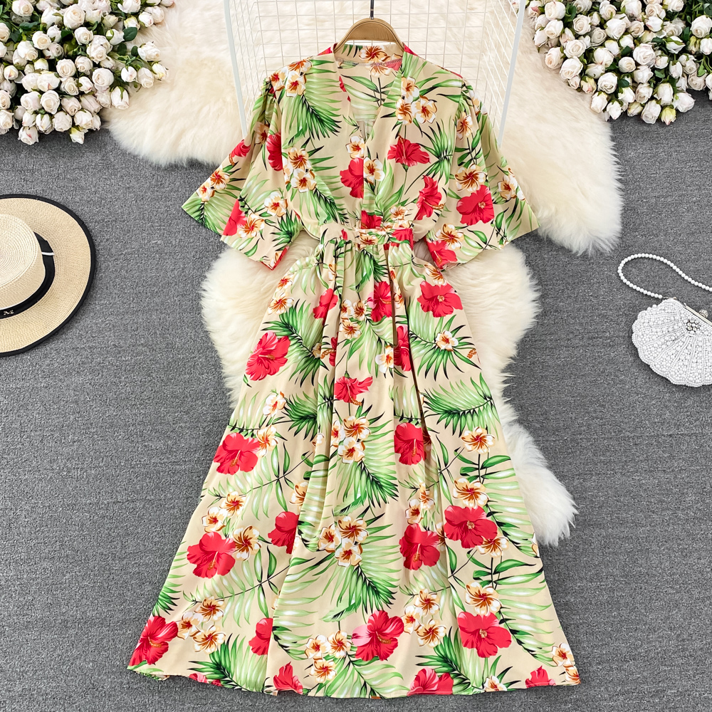 Women Floral Print Casual Elegant Midi Dress Fashion Vintage A-line Beach Holiday Vestidos Femme Clothes Robe