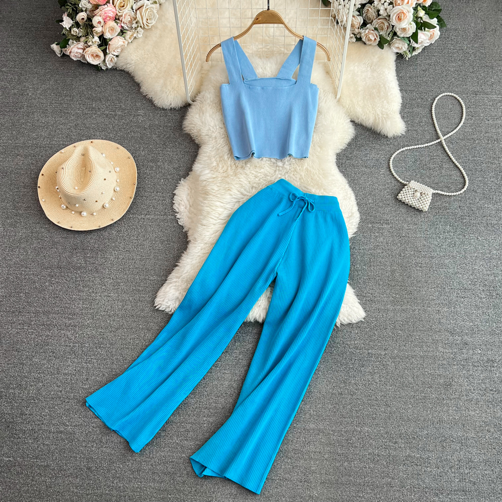 Women Elegant Knitted Pant Suit Strapless Crop Tops Wide-leg Pantalons 2 Pieces Female Chic Outfits Tracksuit