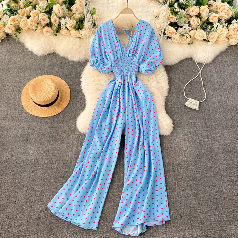 Women Fashion Casual Polka Dot Romper V-neck Puff Short Sleeve Jumpsuit Female Holiday Wide Leg Playsuits