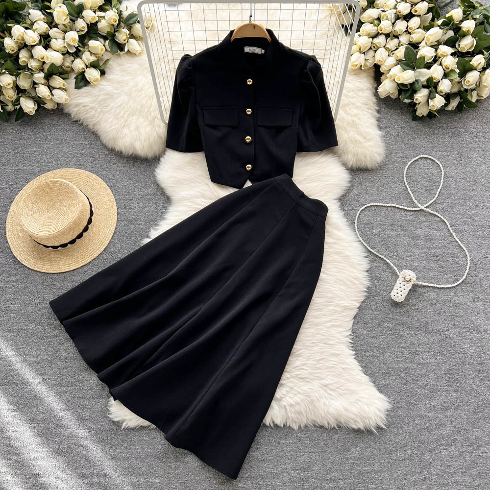 Fashion Skirt Suit For Women's Single Breasted Short Sleeve Top & Midi Skirt Office Lady Skirt Suit