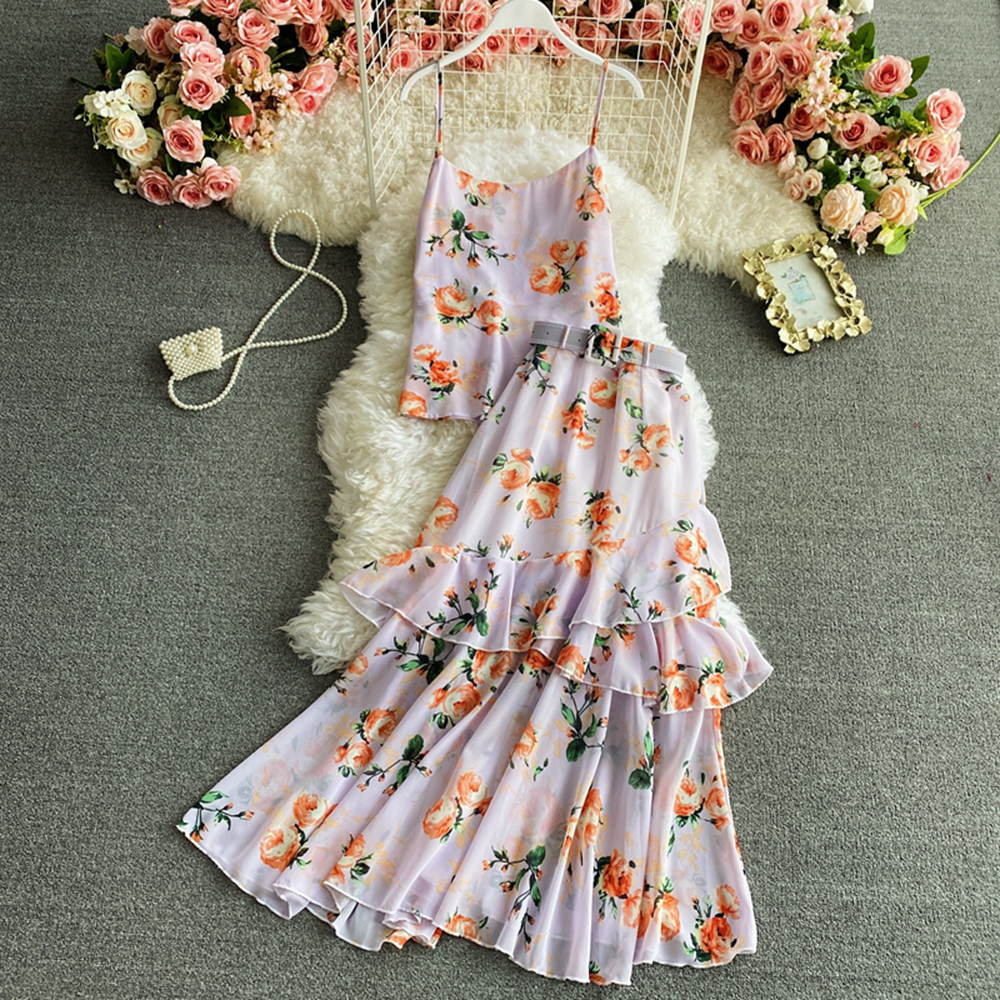 Women Floral Printed Two Piece Set Spaghetti Strap Tops & Ruffle High Waist Long Skirt Beach Suit Fashion