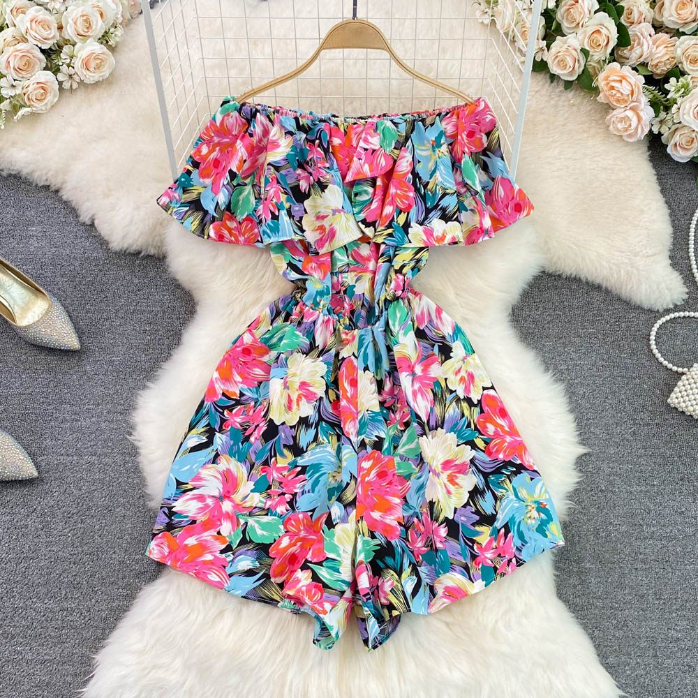 Women Casual Off Shoulder Print Playsuit Femme Fashion Holiday Beach Party Rompers Overalls