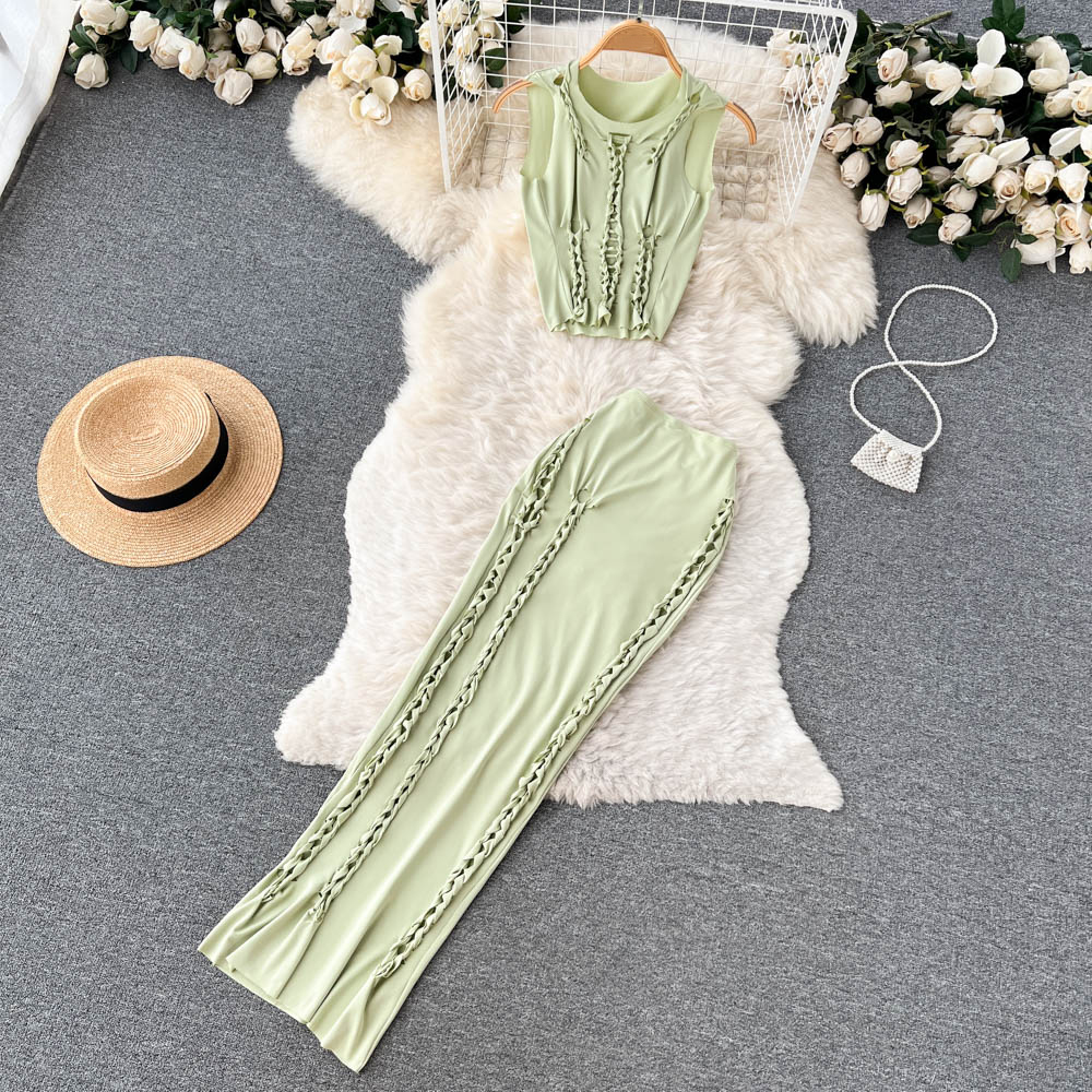 Women Elegant Fashion Sexy Skirts Suit Sleeveless Cropped Tanks Tops 2 Pieces Female Chic Outfits
