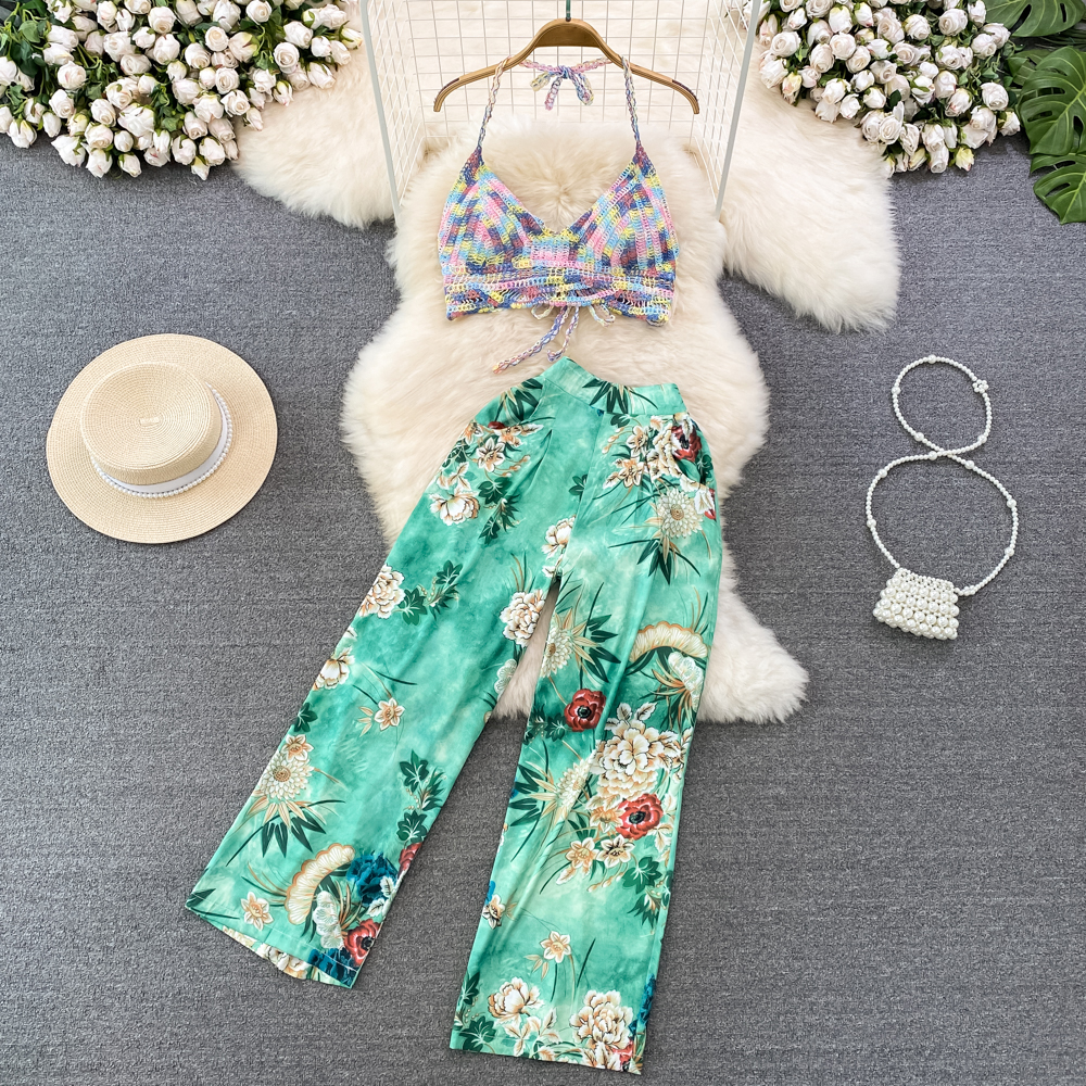 Women Floral Casual Elegant 2 Pieces Sleeveless Tanks Tops Wide-leg Pantalon Suit Female Fashion Beach Pantsuit