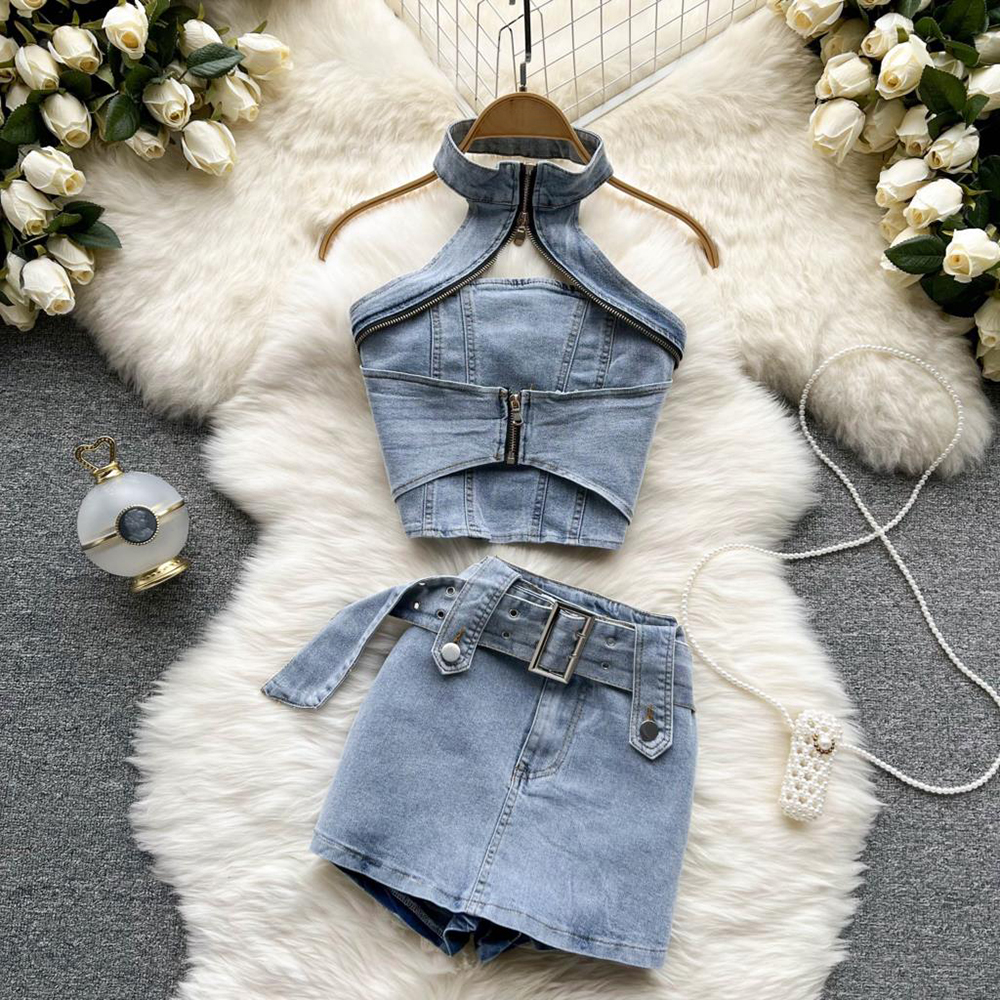 Sexy Women Elegant Casual Denim Skirts Suit Vintage Crop Tops Mini 2 Pieces Female Fashion Solid Sweet Costumes