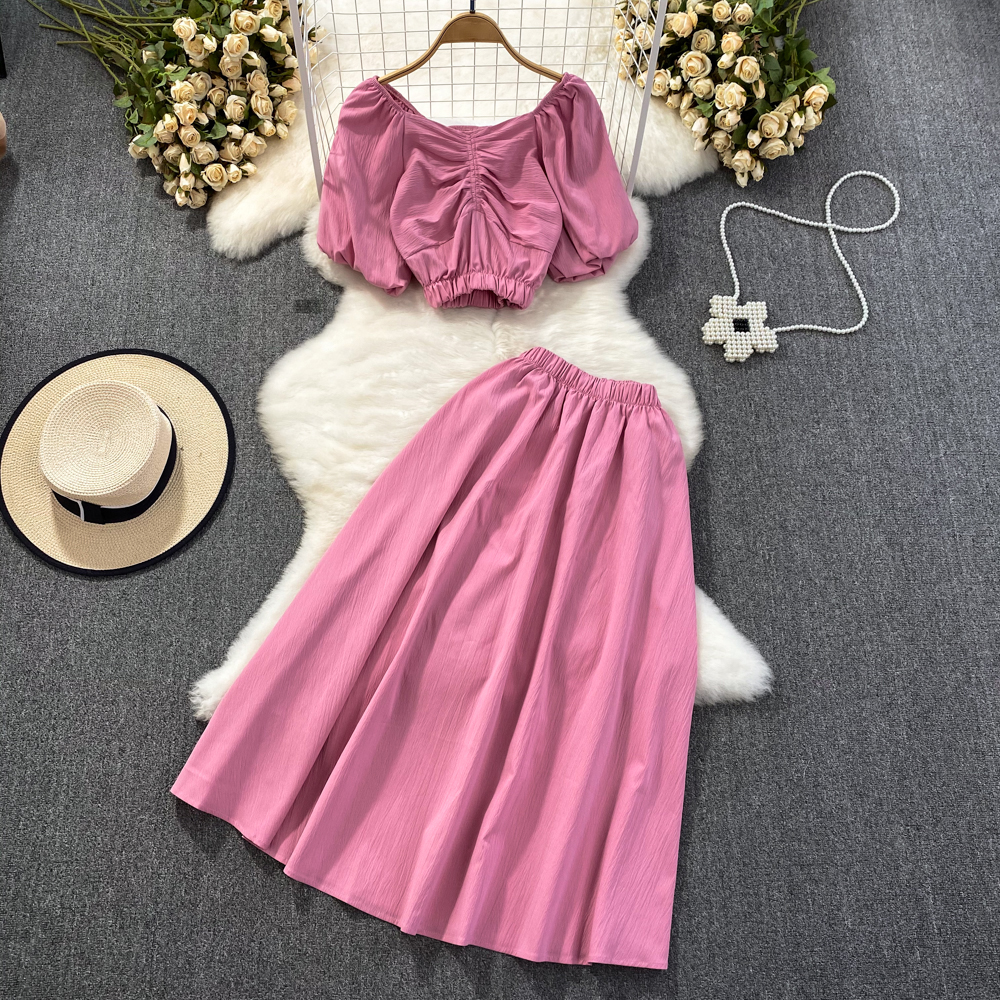 Elegant And Chic Women Solid Skirts Suit Vintage Fashion Crop Tops A-line Outfits Female 2 Pieces Clothes