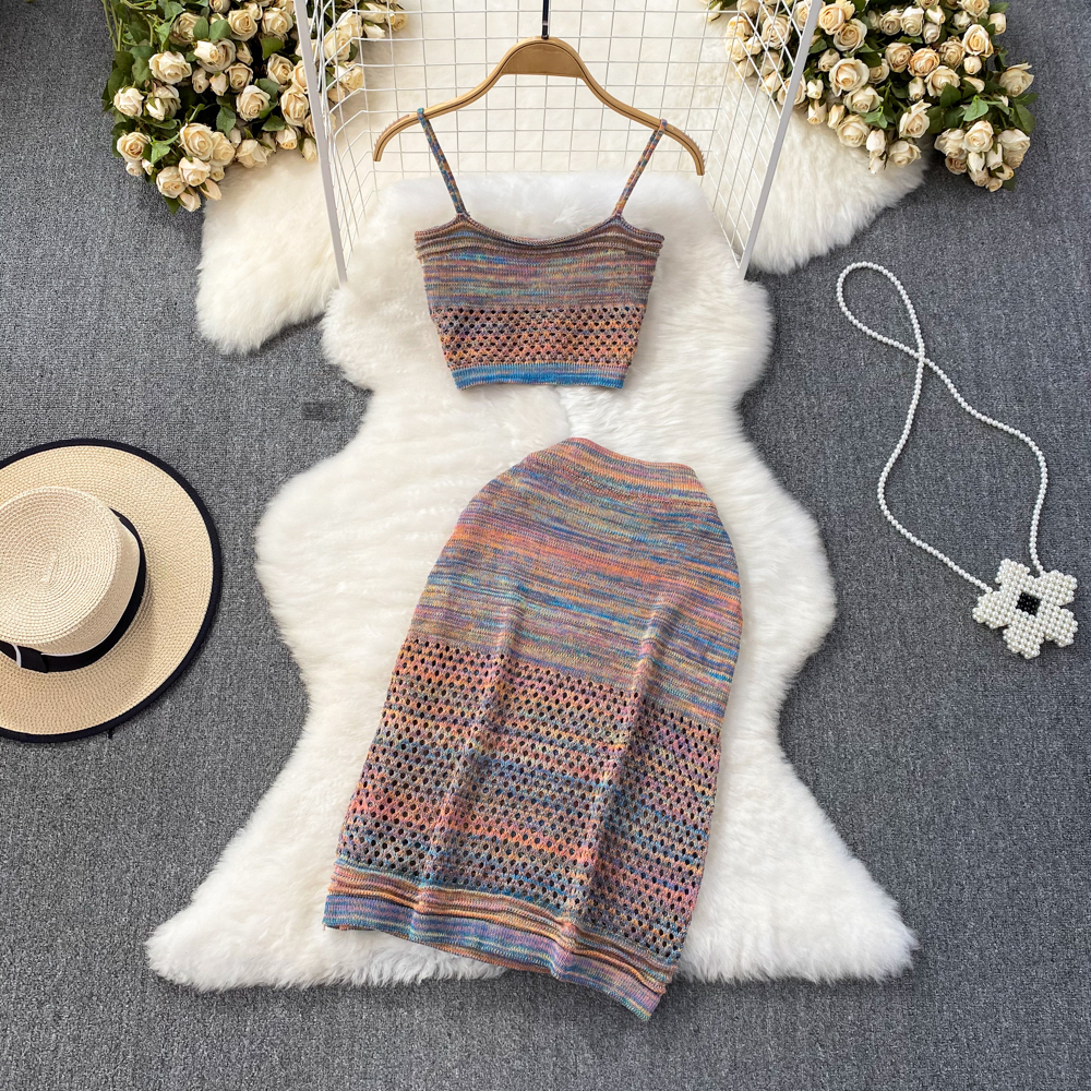 Fashion Women Knitted Skirts Suit Sexy Spaghetti Strap Crop Tanks Top 2 Pieces Female Chic Outfits