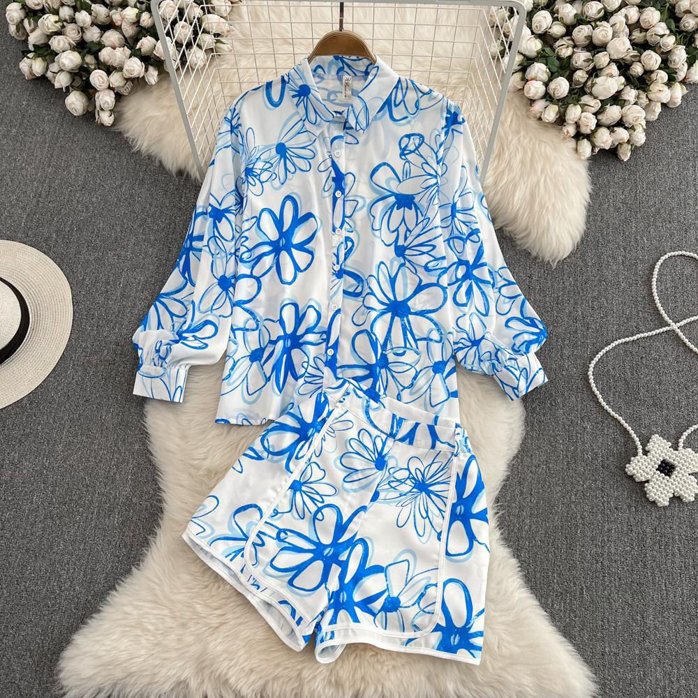 Fashion Women Elegant Floral Shorts Suit Casual Vintage Shirts Top And Pants 2 Pieces Set Female Holiday Clothes Outfits