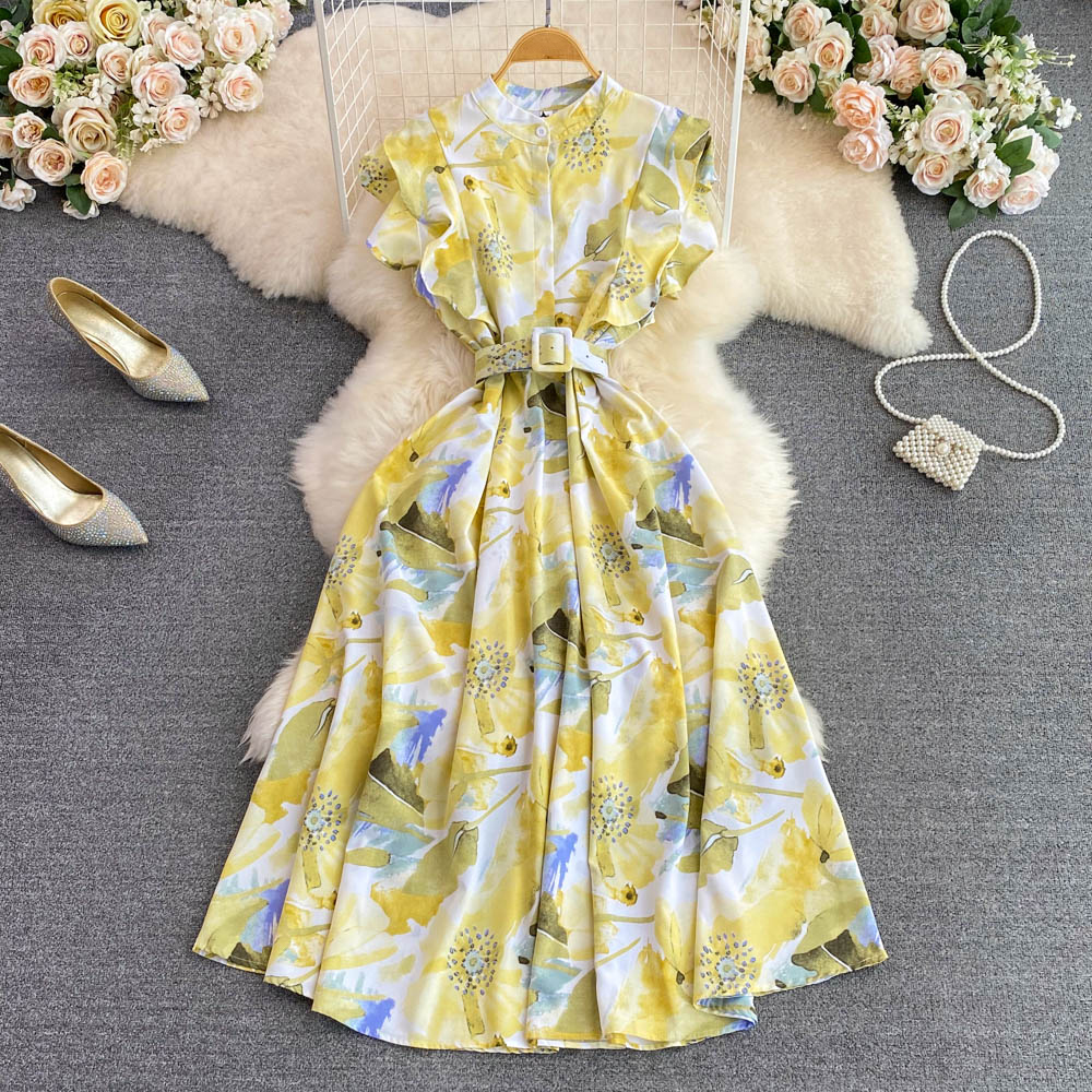 Women Floral Casual Midi Dress Sleeveless Slim A-line Holiday Vestidos With Belted Female Party Robe