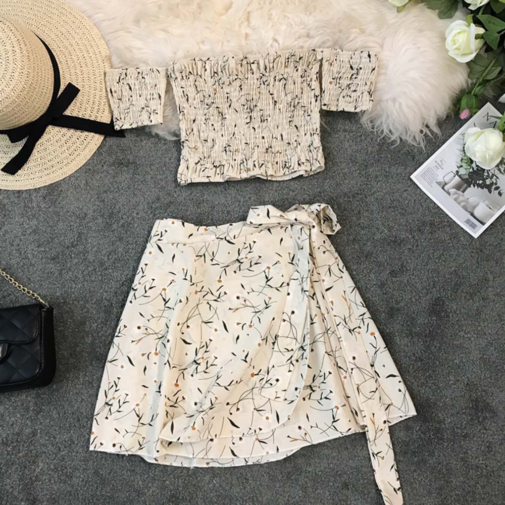 Sexy Elegant Floral Women Skirts Suit Vintage Crop Tops And One Pieces 2 Pieces Set Female Fashion Holiday Outfits