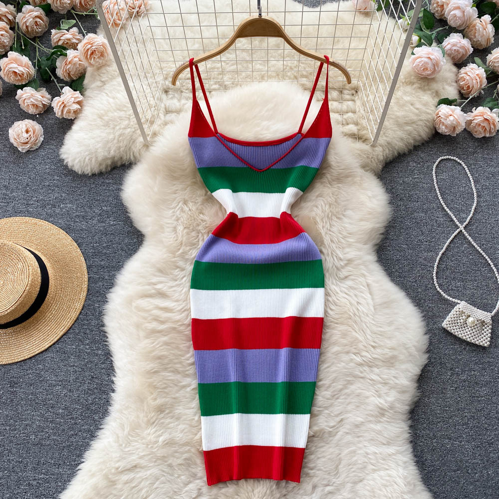 Women Sexy Knit Strap Dress Elastic Waist Bodycon Sundress Fashion Bodycon Striped Sexy Backless Long Dress Women Sexy Knit Strap Dress Elastic Waist Bodycon Sundress Fashion Bodycon Striped Sexy Backless Long Dress