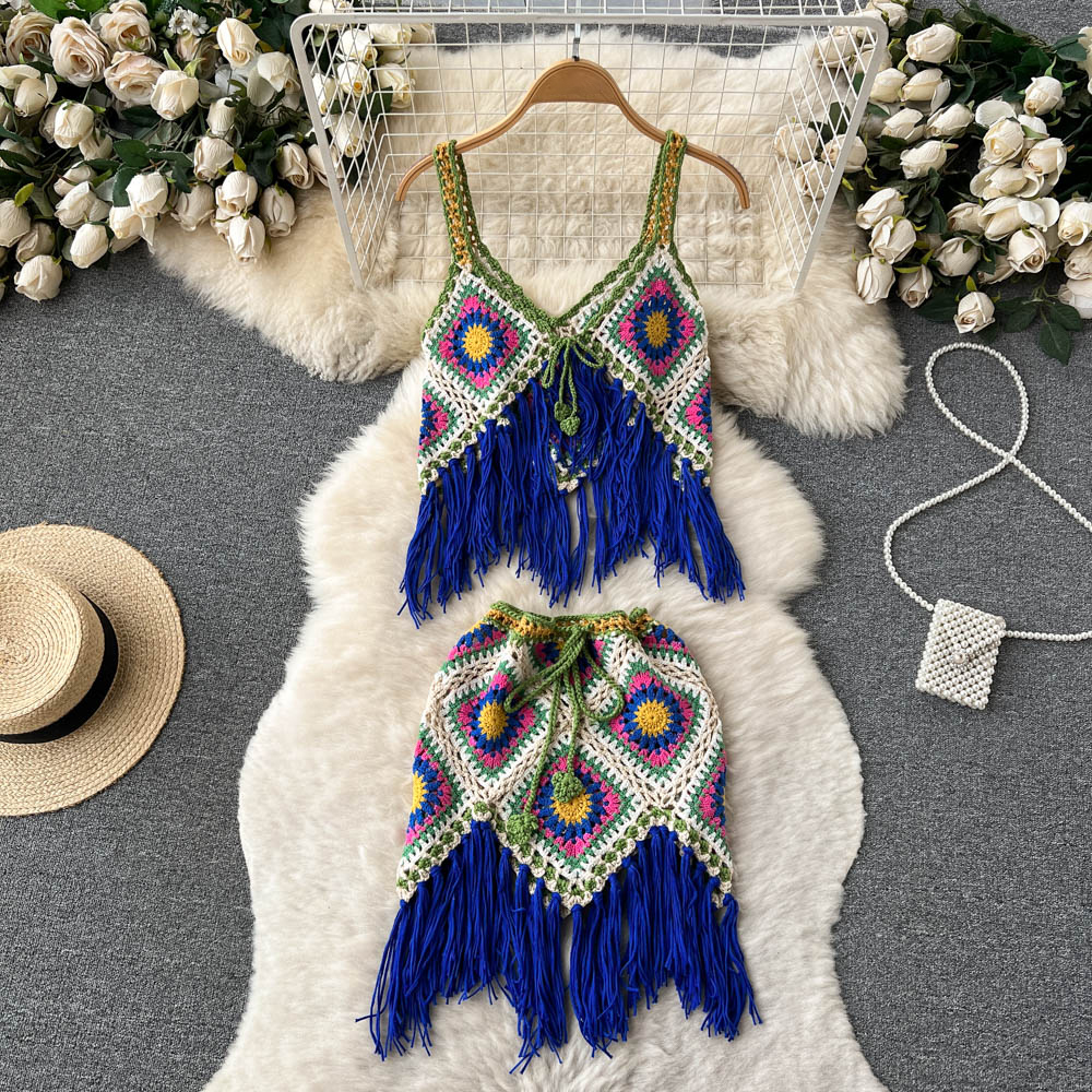 Tassel Knit Two Piece Sets Style Hollow Out Design Vacation Strap Camisole Skirt Beach Style Suits