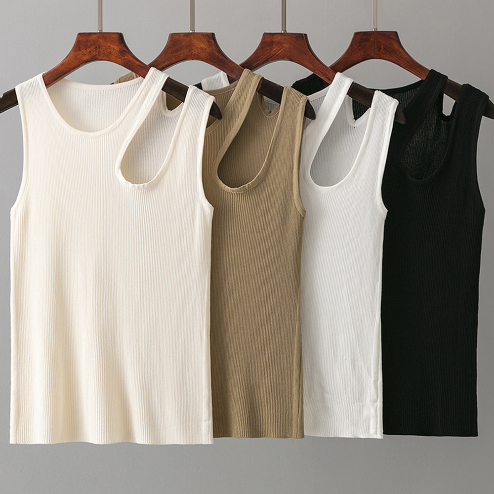 Knitted Tank Tops Fashion Solid Women Hollow Out O Neck Sleeveless Solid Off Shoulder Ladies Sleeveless Irregular Tops