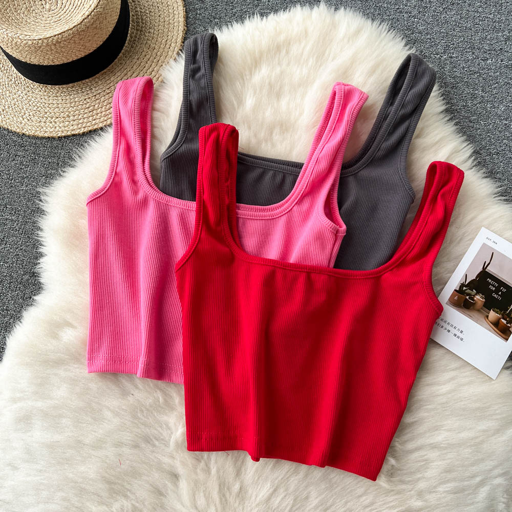 Women Camisole Strap Square Neck Sport Style Solid Fashion Ladies Backless Short Tops