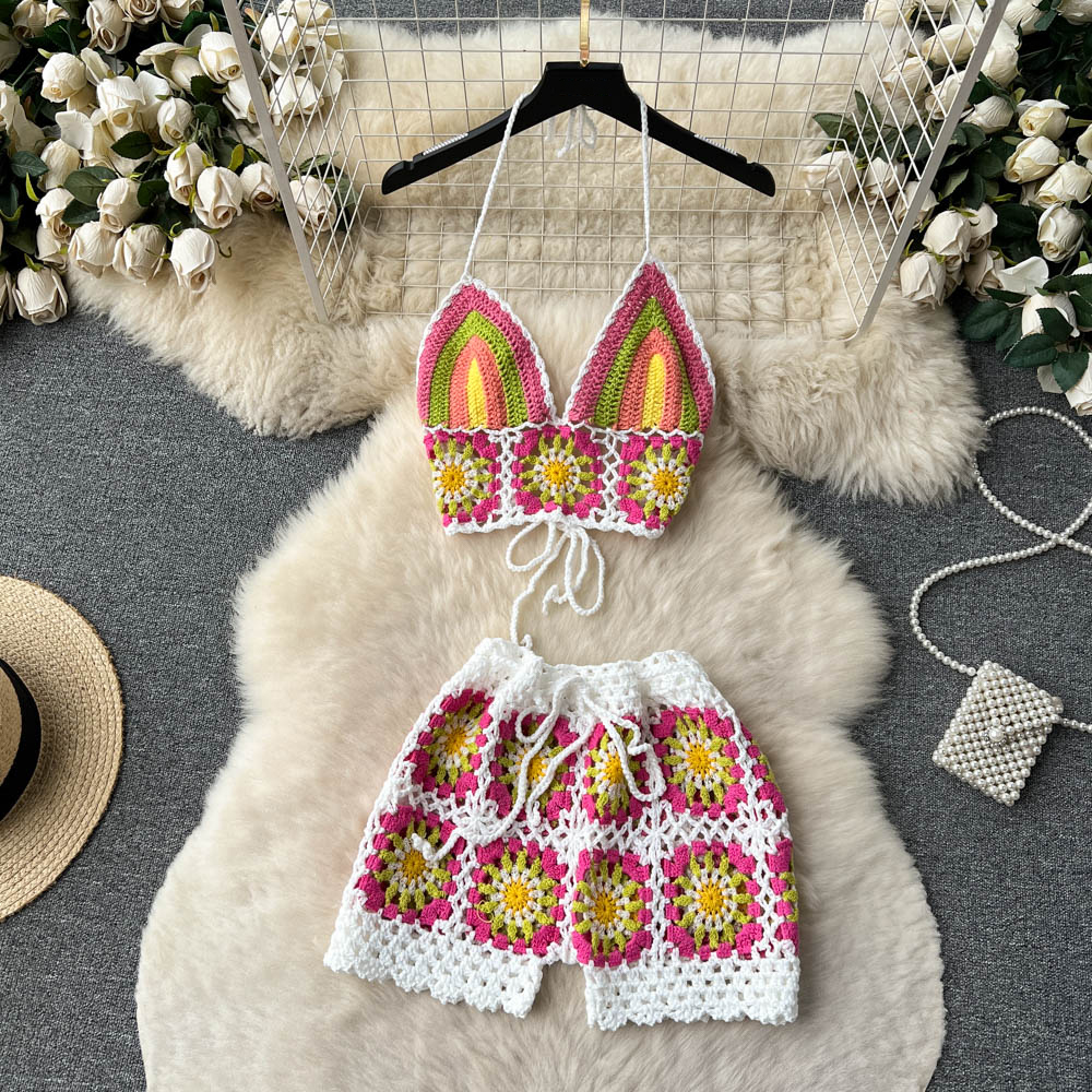 Two Piece Knit Sets Women Backless Halter Camisole Elastic Waist Shorts Hollow Out Fashion Vacation Beach Suit