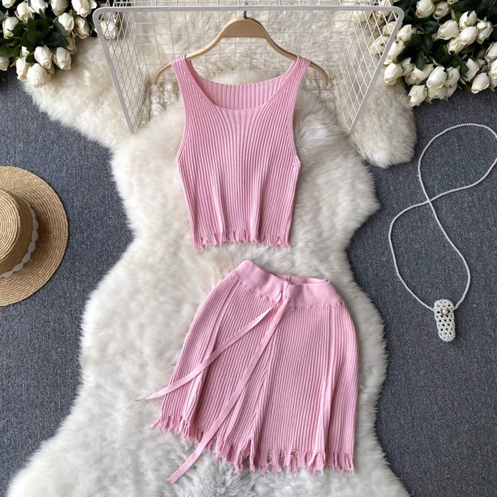 Knit Two Piece Sets Women Sleeveless Tops Tassel Shorts Elegant Solid Casual Vacation Sexy Beach Suit