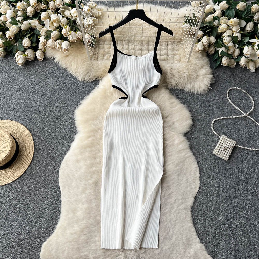 Backless Women Knit Dress Sleeveless Solid Fashion Split Ladies Casual Sexy Long Dresses