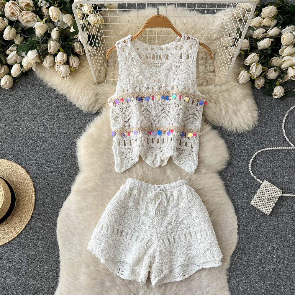Sequins Design Knit Two Piece Sets Women O Neck Sleeveless Tank Tops Elastic Waist Shorts Loose Hollow Out Suits