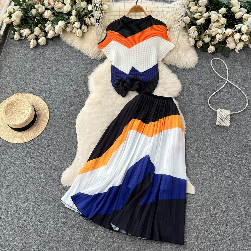Two Piece Sets Women Knit Tops Elegant Elastic Waist Chiffon A Line Skirt Fashion Slim Print Suit