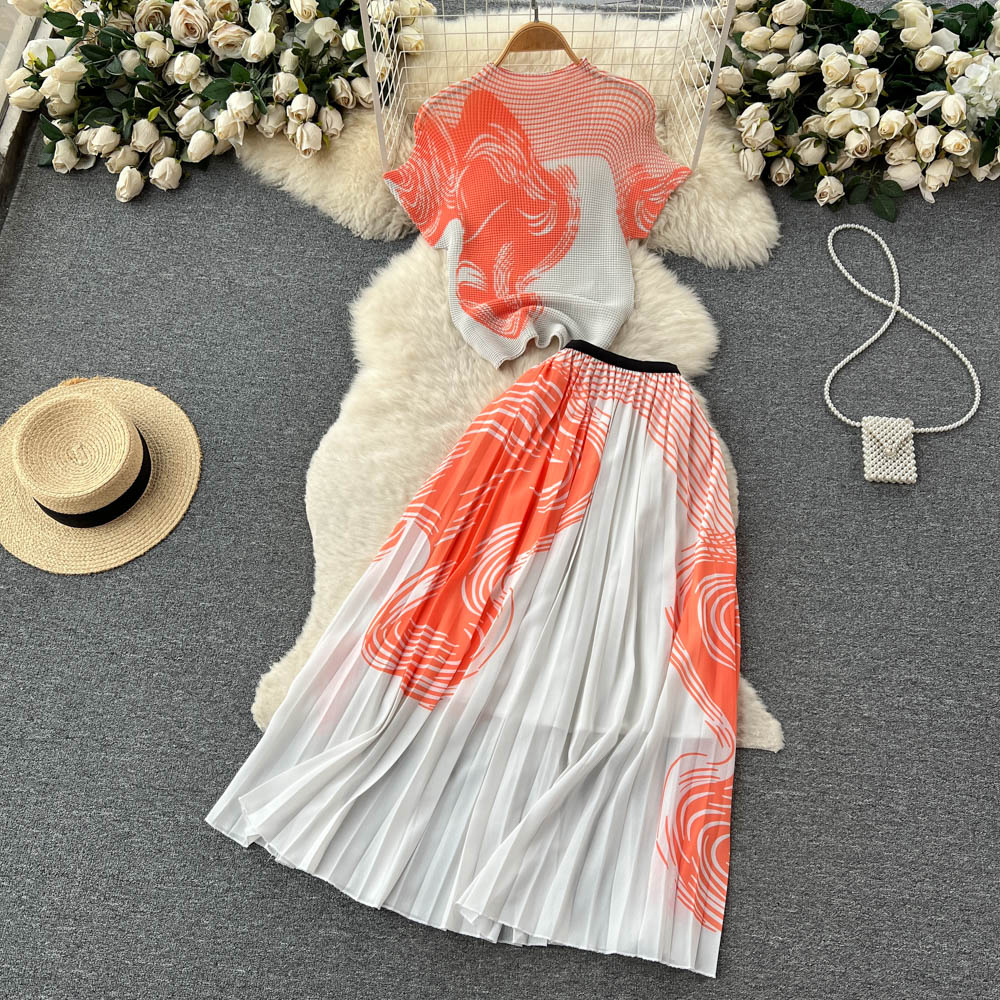 Two Piece Sets Women Knit Tops Elegant Elastic Waist Chiffon A Line Skirt Fashion Slim Print Suit